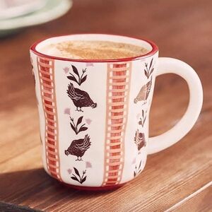 Chicken Motif Ceramic Coffee Mug - Red Trim
